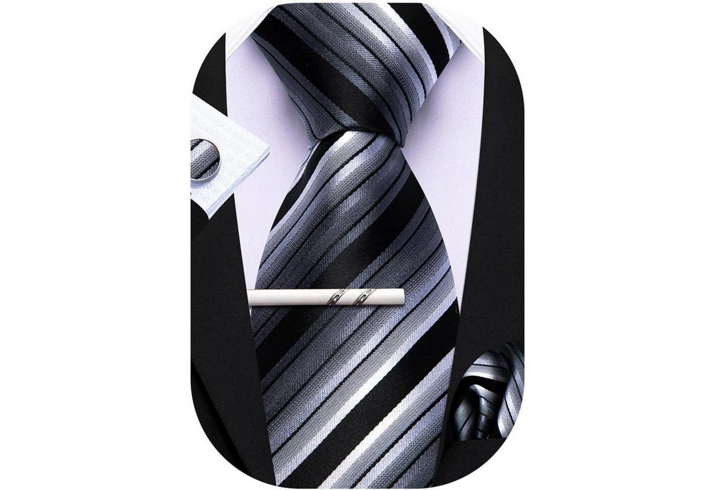 LuxusKollektion Krawatte Krawatten Set Herren Seide Taschentuch Schwarz Weiß Streifen von LuxusKollektion