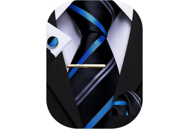 LuxusKollektion Krawatte Krawatten Set Herren Seide Taschentuch Streifen Schwarz und blau von LuxusKollektion