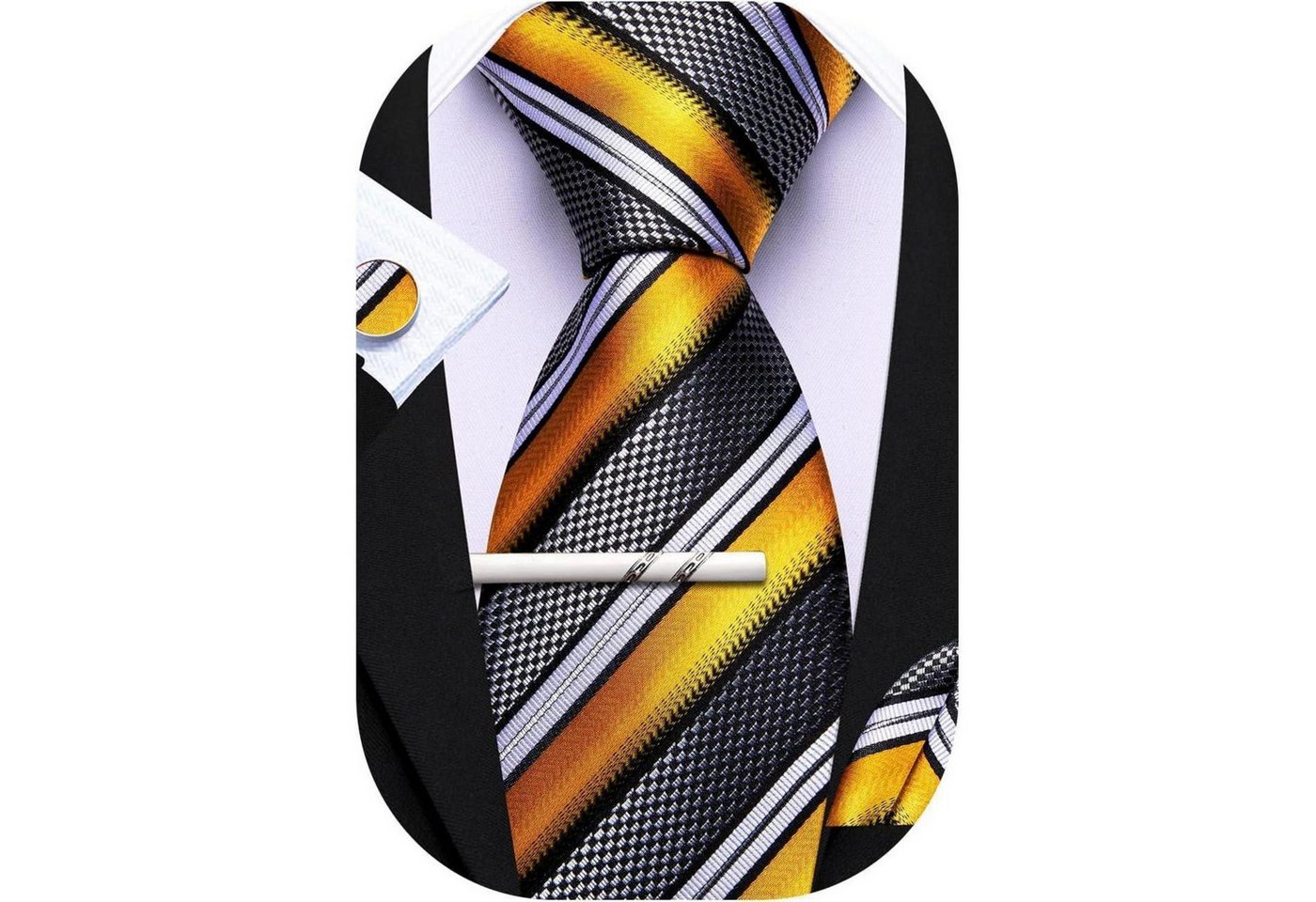 LuxusKollektion Krawatte Krawatten Set Herren Taschentuch Manschettenknopf Schwarz Weiß Gelb von LuxusKollektion