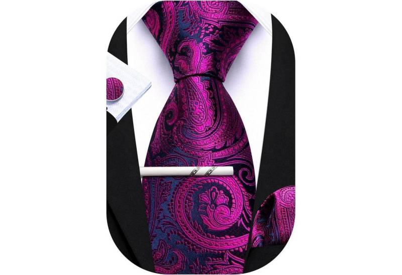 LuxusKollektion Krawatte Krawatten Set Seide Taschentuch Manschettenknopf Violett Schwarz von LuxusKollektion