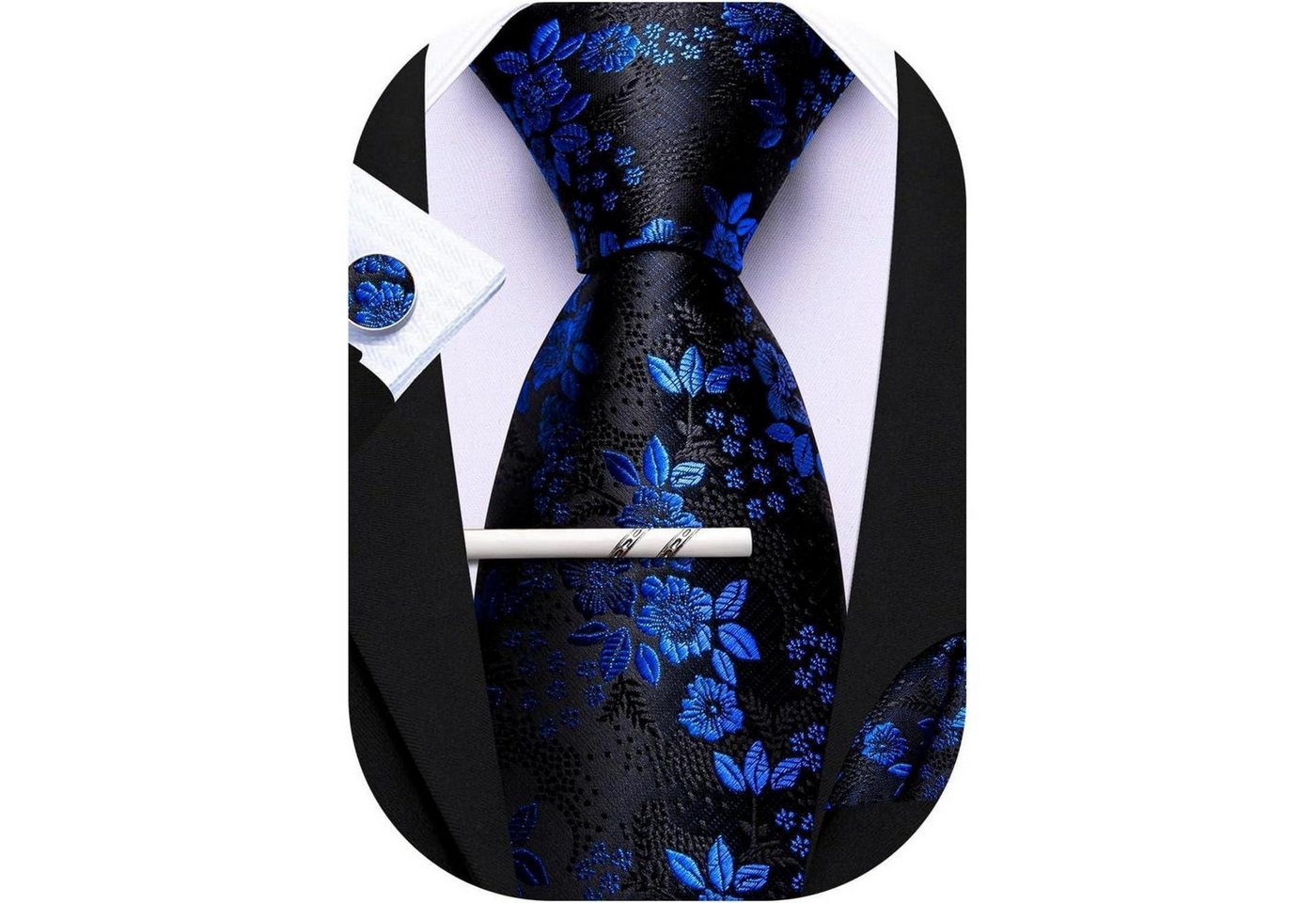 LuxusKollektion Krawatte Krawatten Set Seidenkrawatten Manschettenknöpfe Blaue schwarze Blume von LuxusKollektion