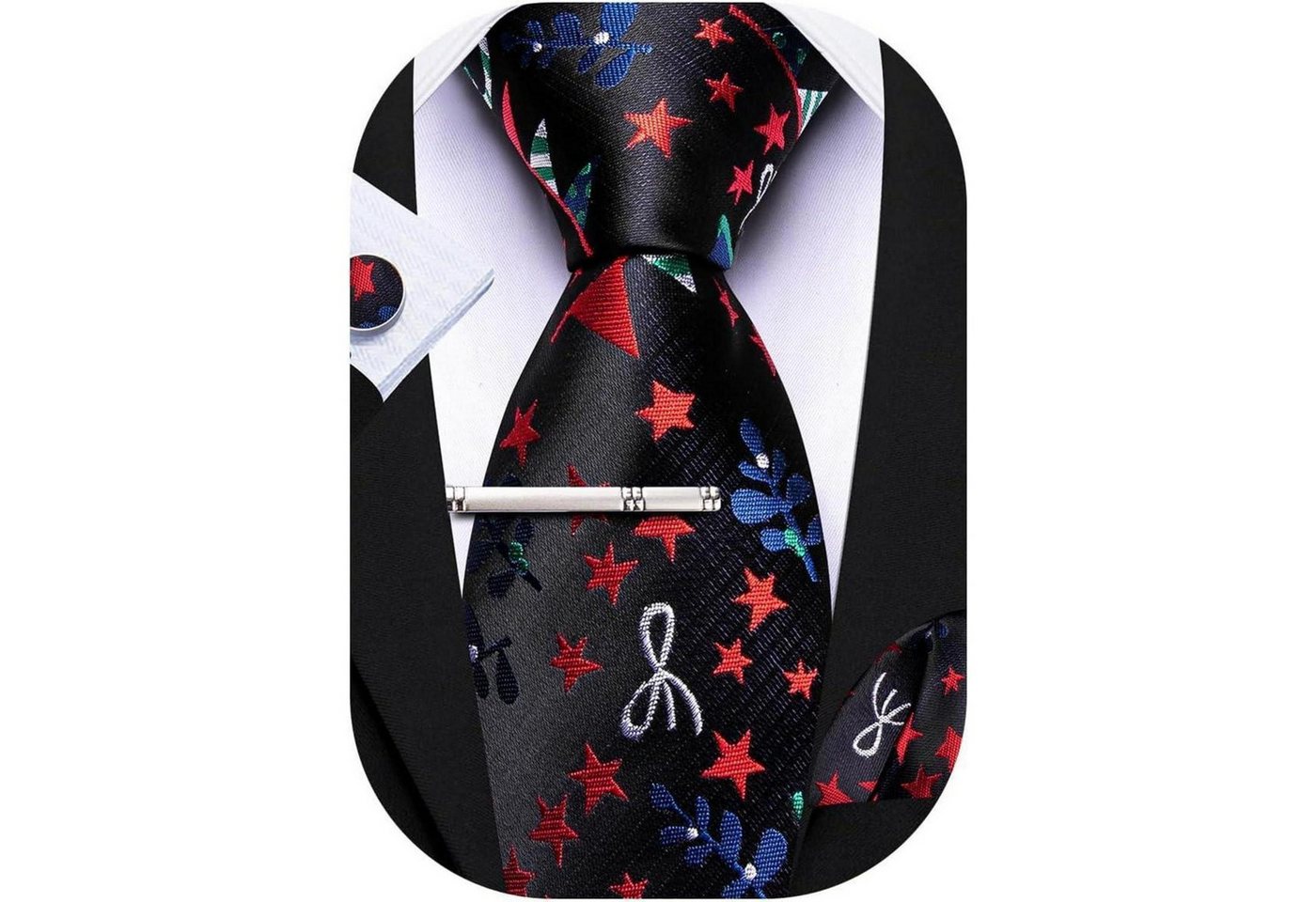 LuxusKollektion Krawatte Krawattenset Herren Einstecktuch Manschettenknöpfe Seide schwarz rot von LuxusKollektion