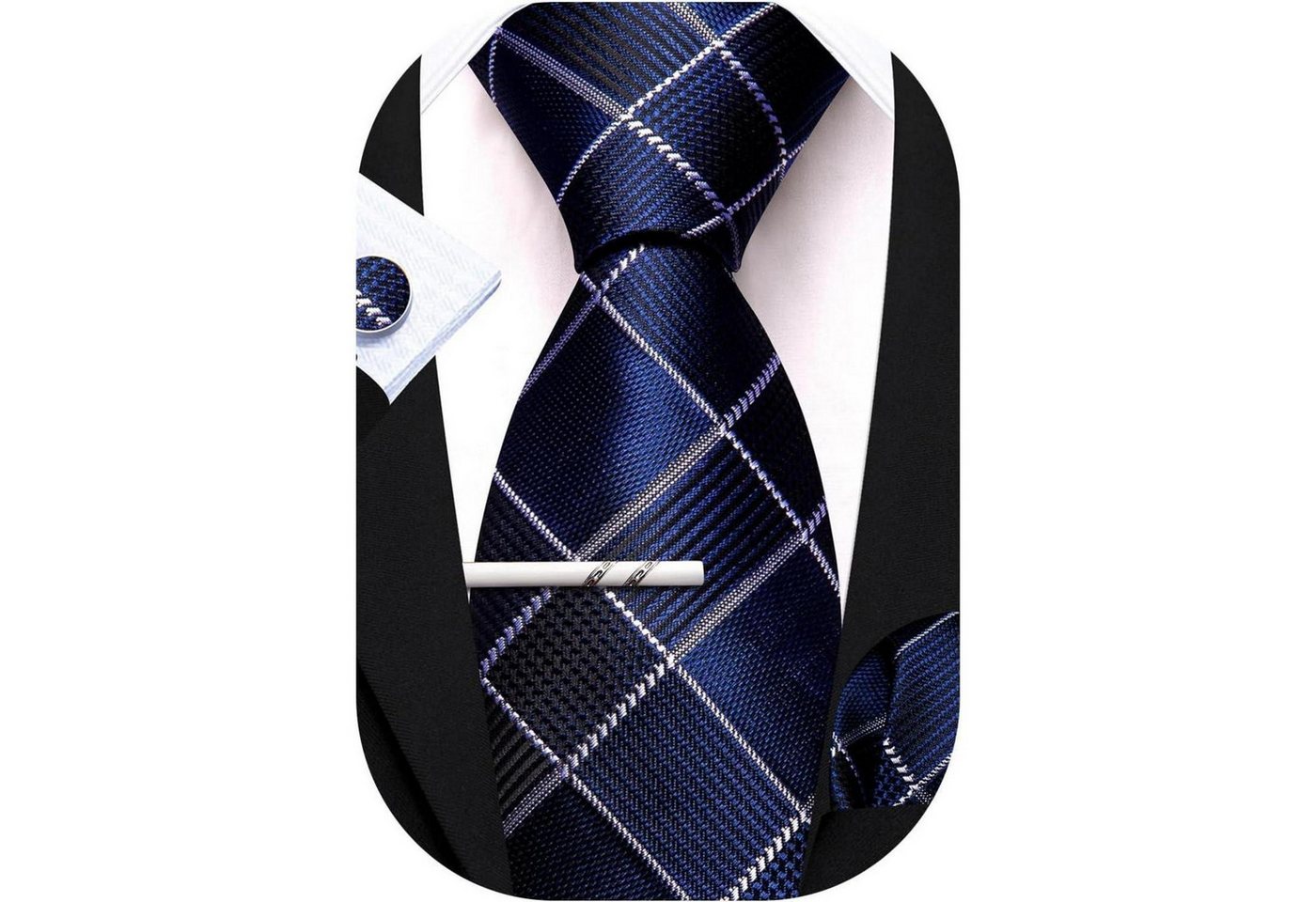 LuxusKollektion Krawatte Krawattenset Herren Seide Manschettenknopf Plaid Blau mit Streifen von LuxusKollektion