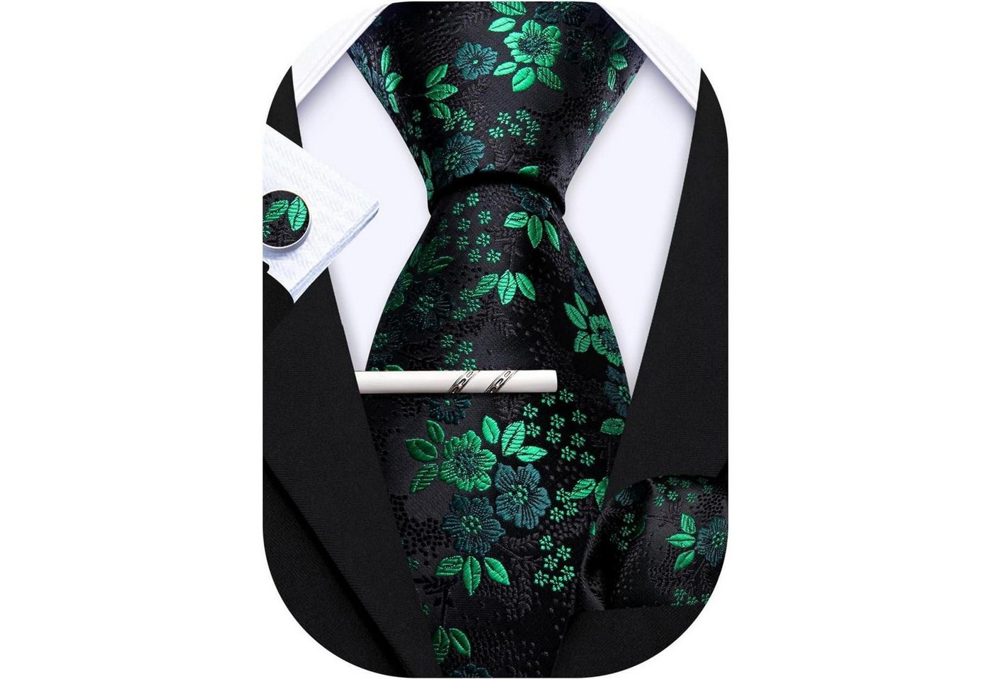LuxusKollektion Krawatte Krawattenset Seide Taschentuch Schwarz-grüne Blume von LuxusKollektion