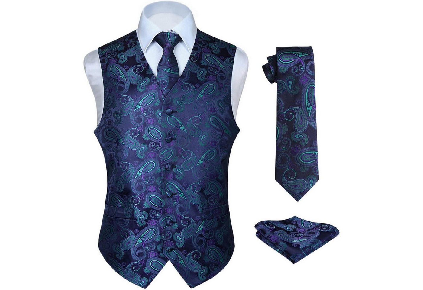 LuxusKollektion Krawatte Weste Herren Hochzeit Anzug Set Krawatte Einstecktuch S Lila & Grün von LuxusKollektion