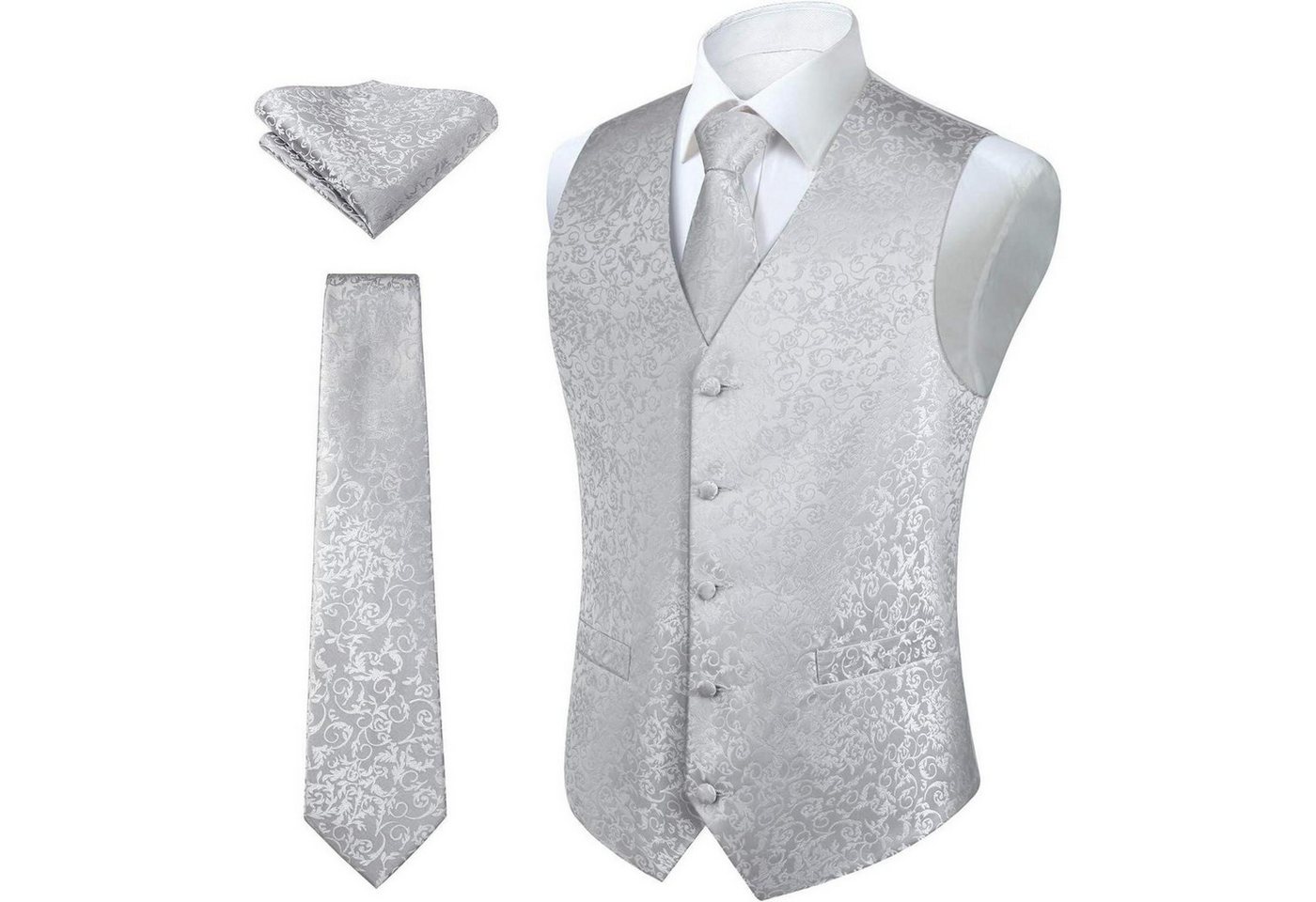 LuxusKollektion Krawatte Weste Herren Hochzeit Jacquard Krawatte Einstecktuch 4XL Silber-grau von LuxusKollektion