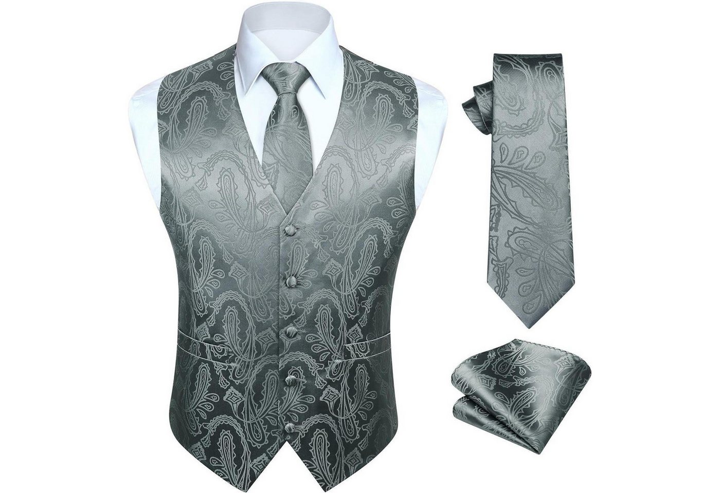 LuxusKollektion Krawatte Weste Herren Hochzeit Jacquard Krawatte Einstecktuch L Dunkelgrau-N von LuxusKollektion