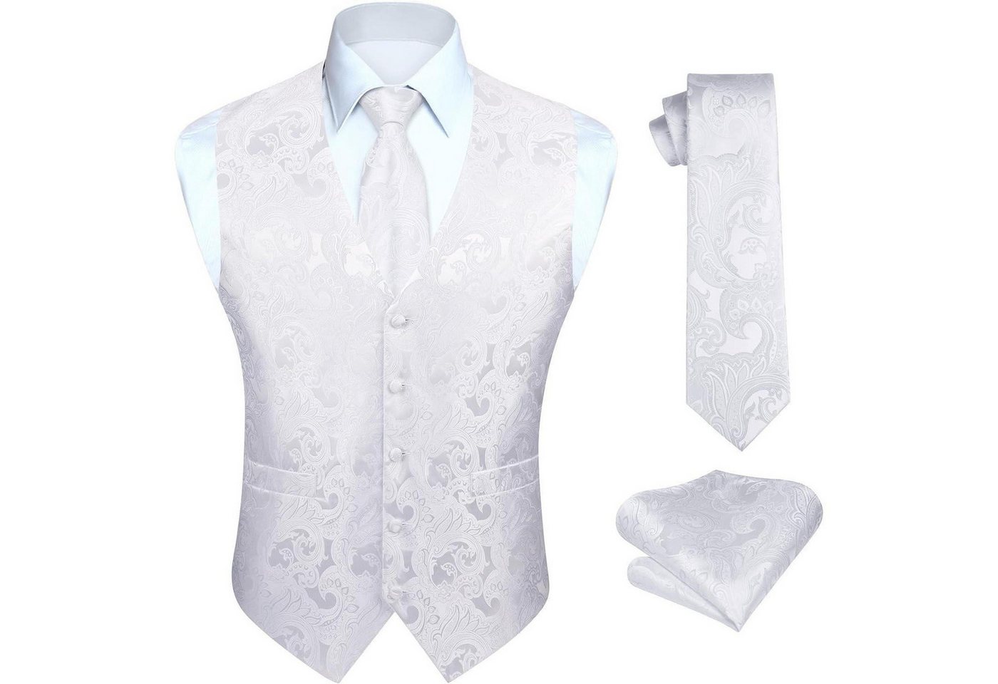 LuxusKollektion Krawatte Weste Herren Hochzeit Jacquard Krawatte Einstecktuch Set L Weiß-1 LuxusKollektion Krawatte Weste Herren Hochzeit Jacquard Krawatte Einstecktuch Set L Weiß-1 von LuxusKollektion