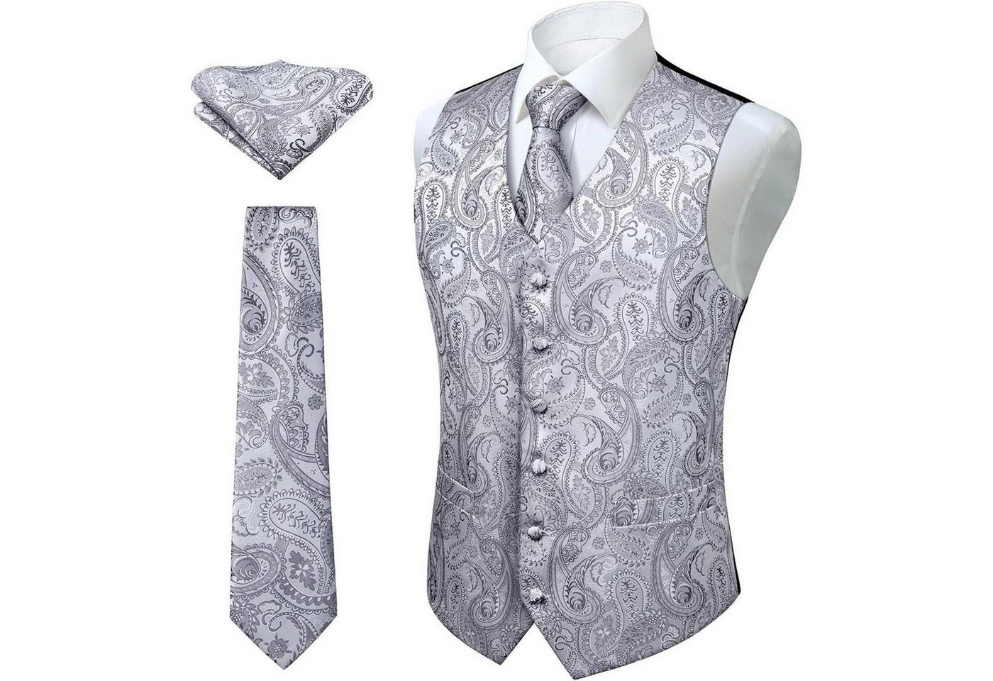 LuxusKollektion Krawatte Weste Herren Paisley Jacquard Krawatte Anzug Set XXL Grau von LuxusKollektion