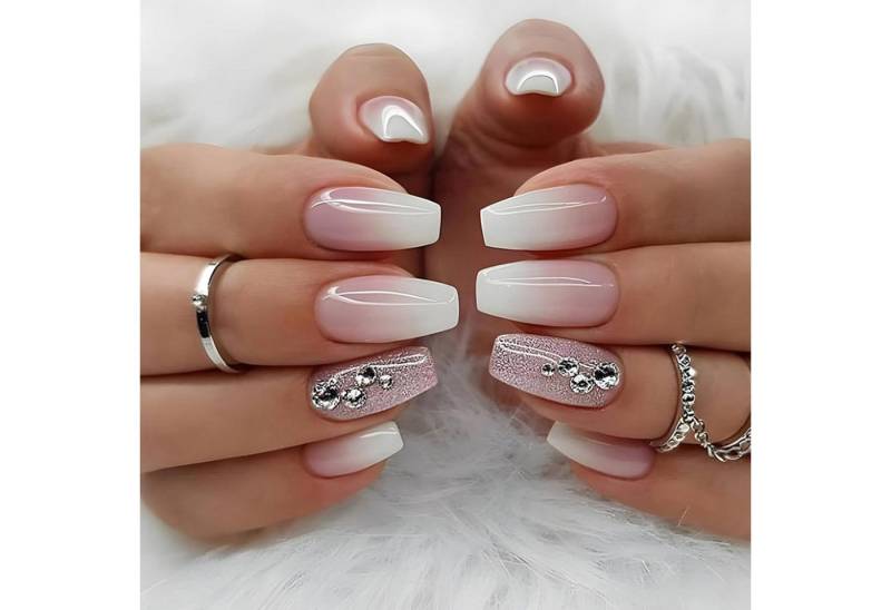 LuxusKollektion Kunstfingernägel 24 Stück Press on Nägel Mittellang Rosa Weiß Gradient Acryl Nägel von LuxusKollektion