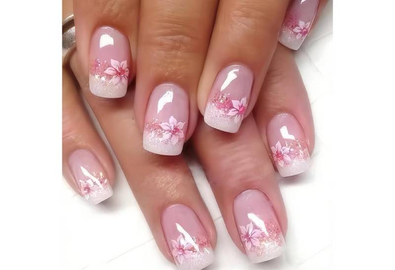 LuxusKollektion Kunstfingernägel 24Pcs Pink Flower Press on Nails Set Kurze Künstliche Nägel Blümchen von LuxusKollektion