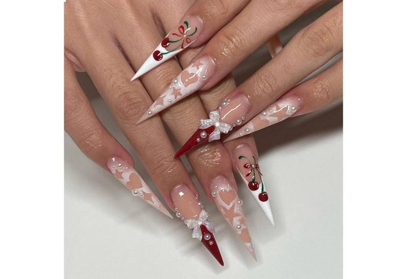 LuxusKollektion Kunstfingernägel 24er Set Langer Stiletto Press-On Nägel Pink mit 3D Schleife von LuxusKollektion