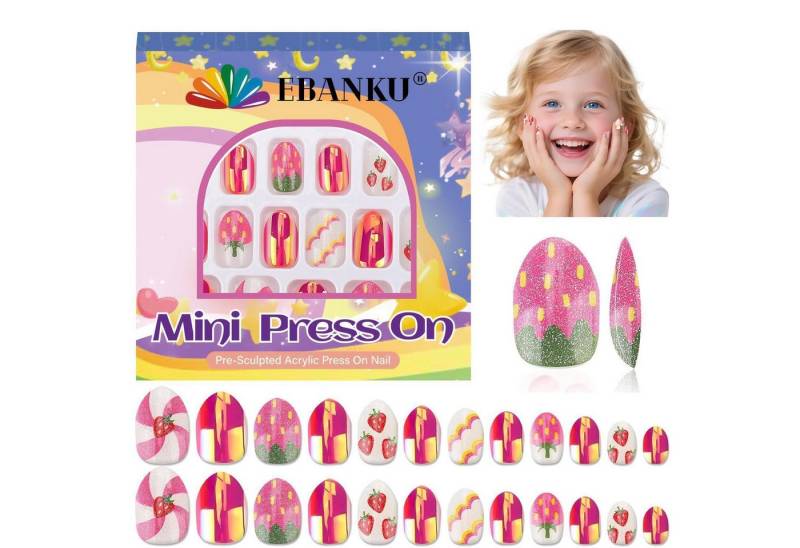 LuxusKollektion Kunstfingernägel Falsche Nägel Kinder Mandel 24 Stück Press On Erdbeere von LuxusKollektion