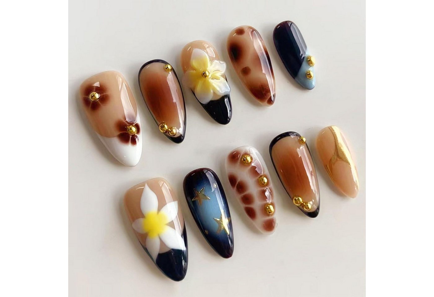 LuxusKollektion Kunstfingernägel Falsche Nägel Press On Mandel 3D Blumendesign 24 Frauen design-2 von LuxusKollektion