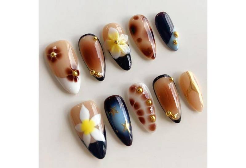 LuxusKollektion Kunstfingernägel Falsche Nägel Press On Mandel 3D Blumendesign 24 Frauen design-2 von LuxusKollektion