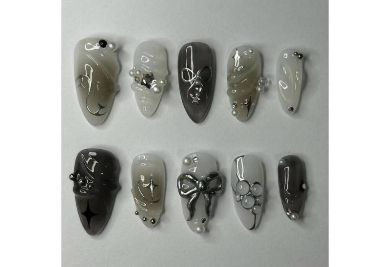 LuxusKollektion Kunstfingernägel Fingernägel Kurz Almond Schwarz 3D Stern Perle Nagelkleber AKC4 von LuxusKollektion