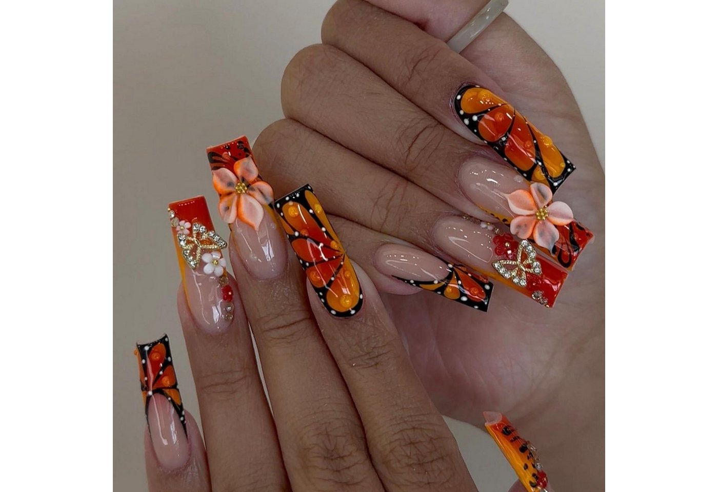 LuxusKollektion Kunstfingernägel Künstliche Fingernägel Lang Square Leopard French 3D Blumen FC-D4 von LuxusKollektion