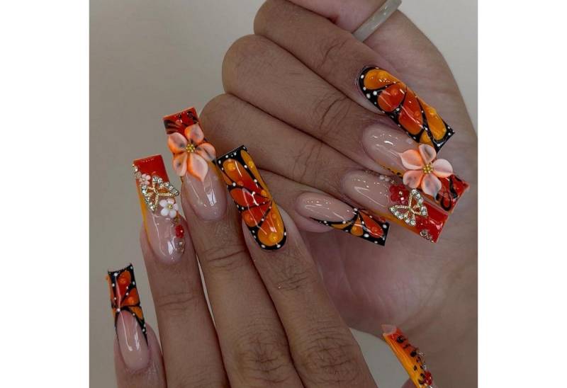 LuxusKollektion Kunstfingernägel Künstliche Fingernägel Lang Square Leopard French 3D Blumen FC-D4 von LuxusKollektion