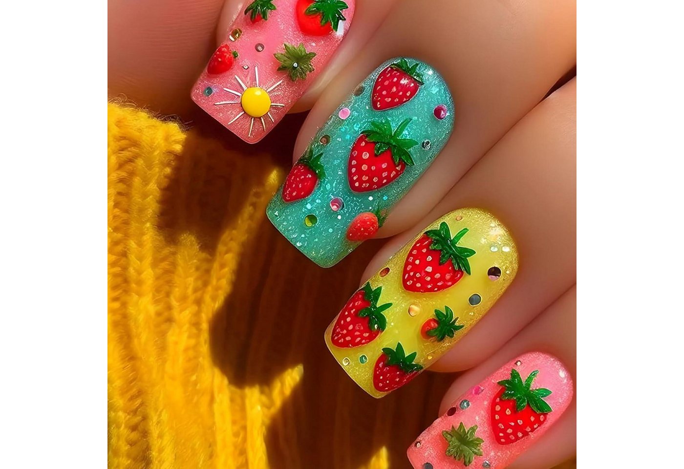 LuxusKollektion Kunstfingernägel Künstliche Nägel 24 Stück Eckig Mittel Grün Gelb Sommer Erdbeere von LuxusKollektion