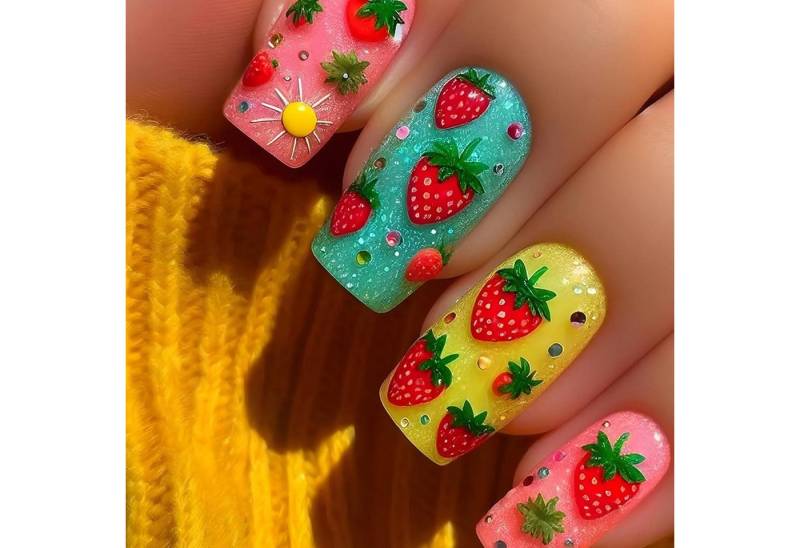 LuxusKollektion Kunstfingernägel Künstliche Nägel 24 Stück Eckig Mittel Grün Gelb Sommer Erdbeere von LuxusKollektion