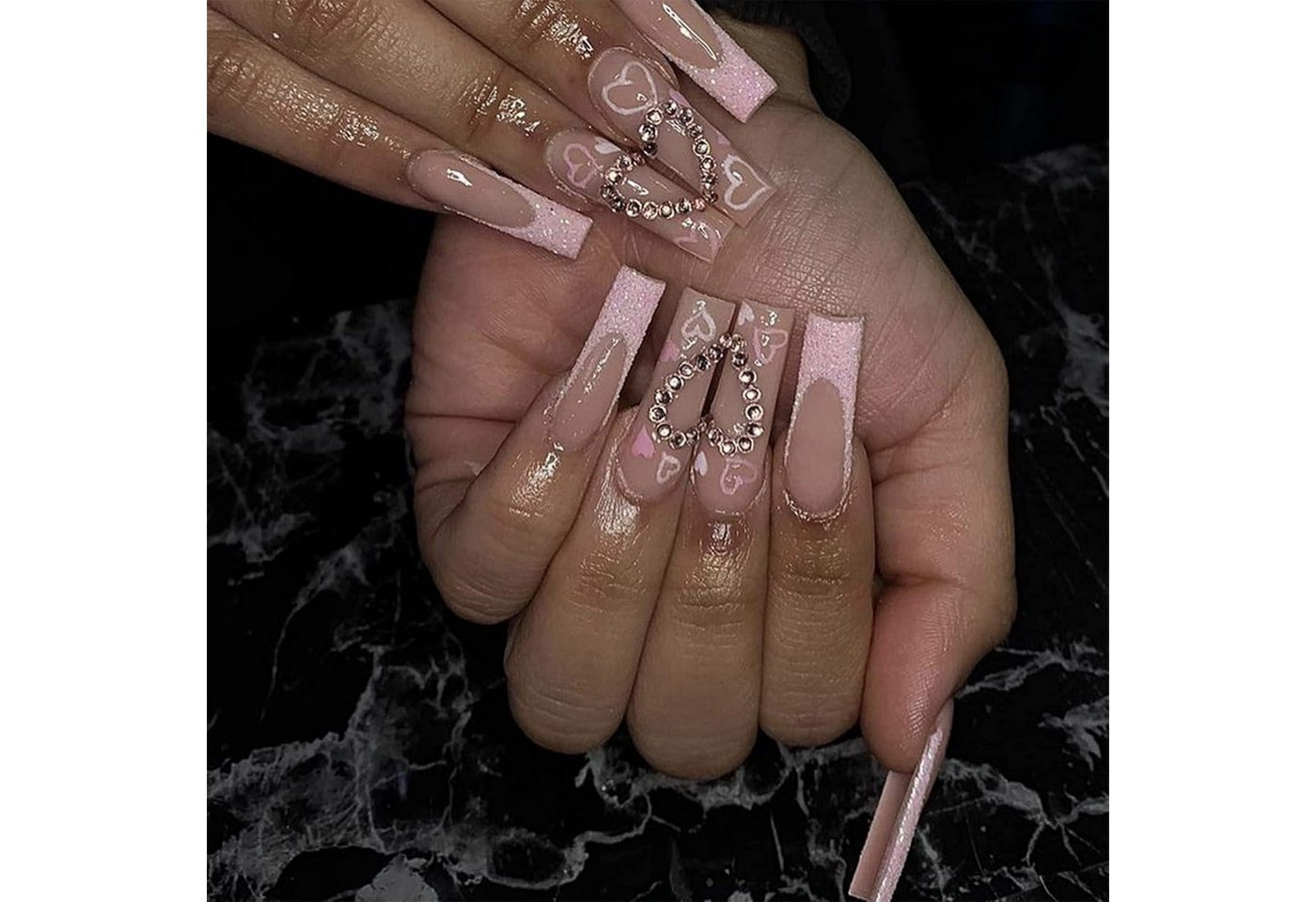 LuxusKollektion Kunstfingernägel Künstliche Nägel 24PCS Lang Splicing Heart Rhinestones 1 ml (1er Pack) von LuxusKollektion