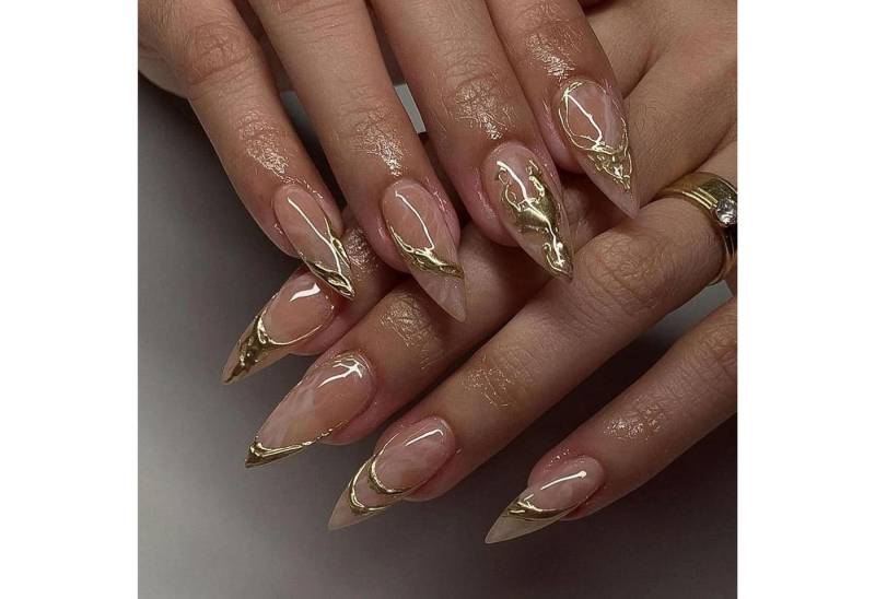 LuxusKollektion Kunstfingernägel Künstlicher Nagel Press On Set 24 kurze Mandelform 3D Goldprägung von LuxusKollektion