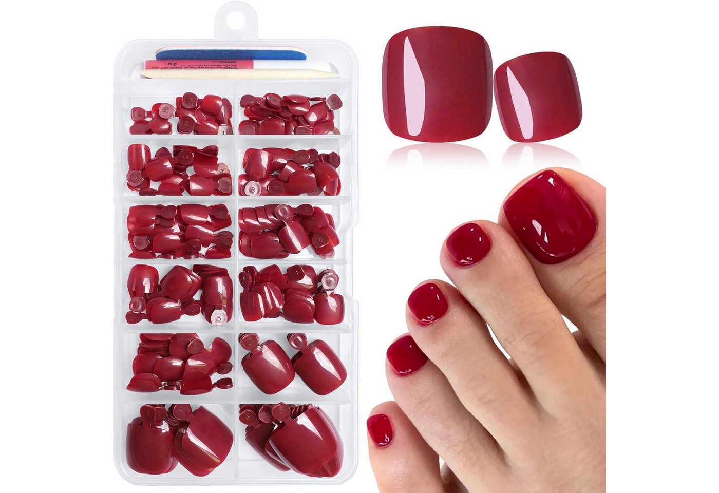 LuxusKollektion Kunstfingernägel Künstlicher Zehennagel 168 Stück mit Klebestreifen kurz Burgunderrot von LuxusKollektion
