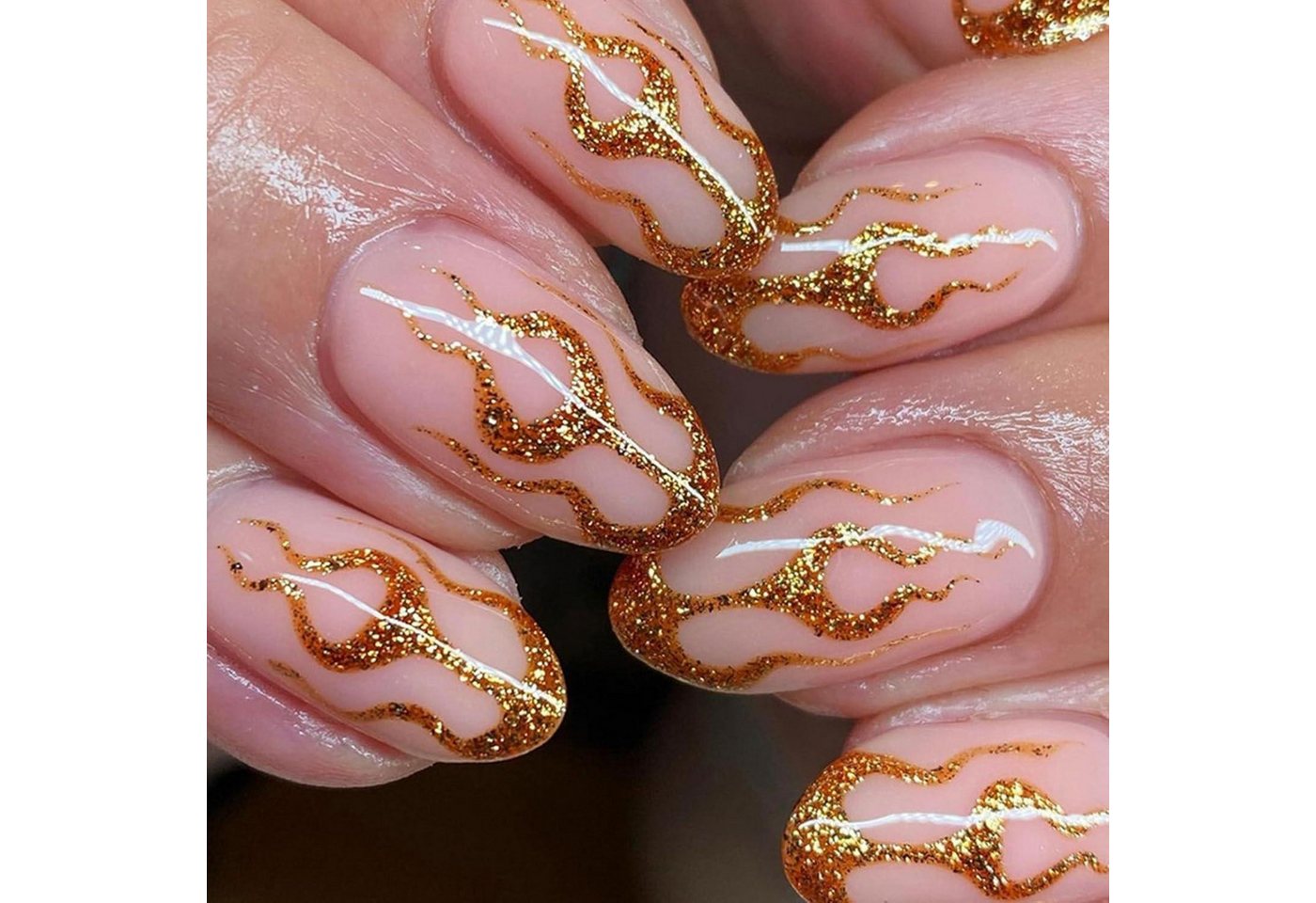 LuxusKollektion Kunstfingernägel Kunstnägel 24 Stück Mandel Kurz French Glitzer Gold Flamme von LuxusKollektion