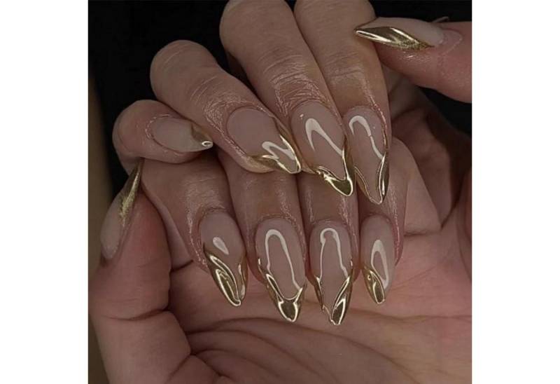 LuxusKollektion Kunstfingernägel Kunstnägel 24er goldene French-Tip mandelförmig glänzend Chrom-Acryl von LuxusKollektion