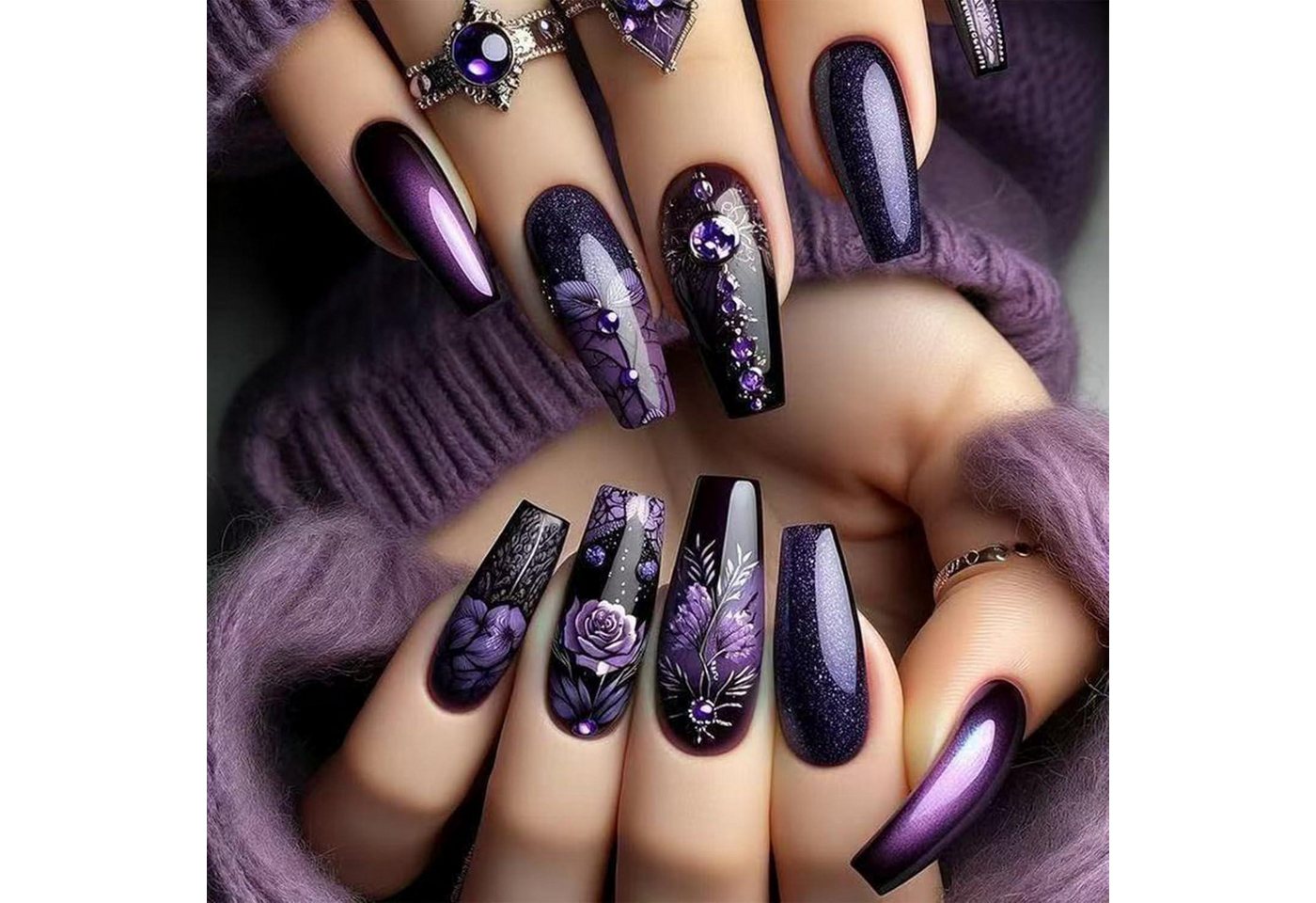 LuxusKollektion Kunstfingernägel Kunstnägel 24er quadratisch schwarz lila Acryl Rosen design-3 von LuxusKollektion