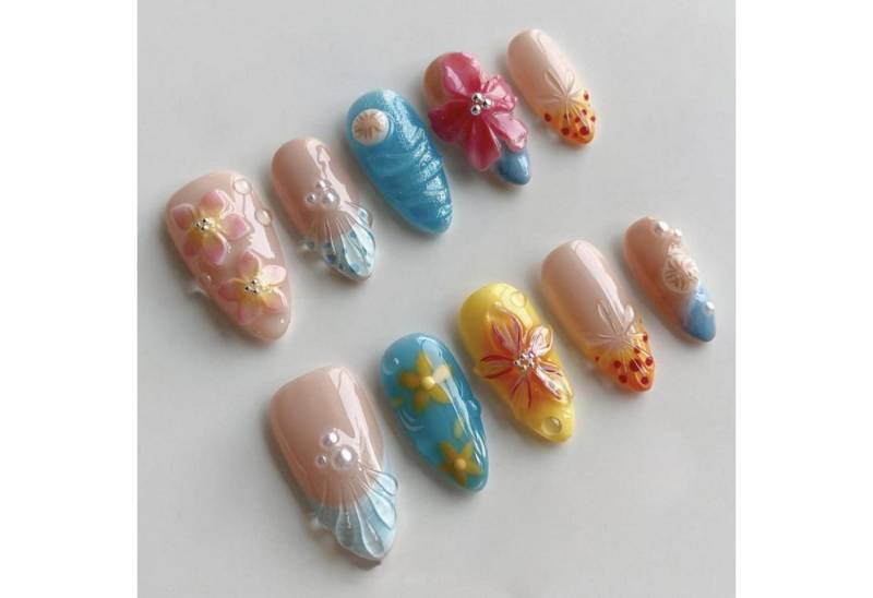 LuxusKollektion Kunstfingernägel Kunstnägel Kurz Almond Blau French 3D Blumen Glitzer Pearl FC-B14 von LuxusKollektion