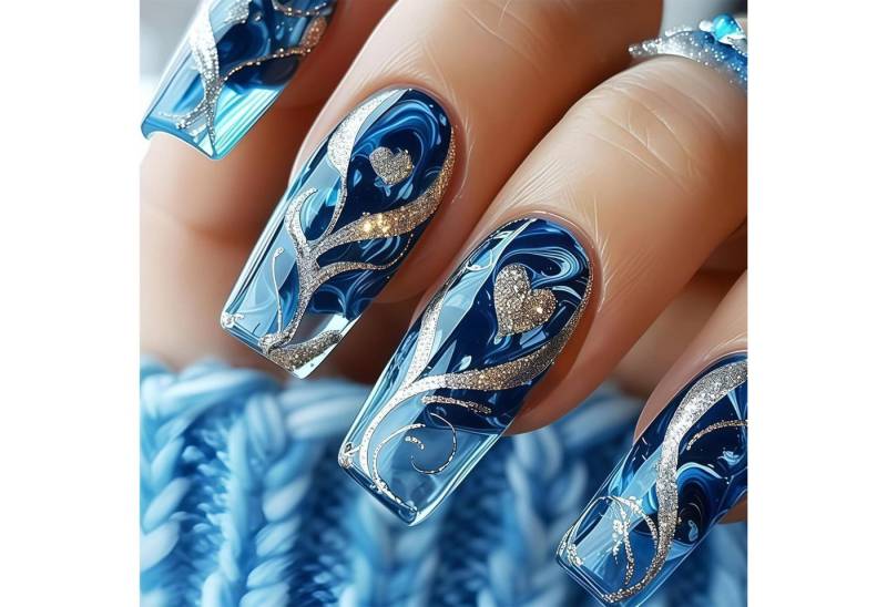 LuxusKollektion Kunstfingernägel Kunstnagel 24er Set Press on Blau Gold Gradient glänzend Quadrat von LuxusKollektion