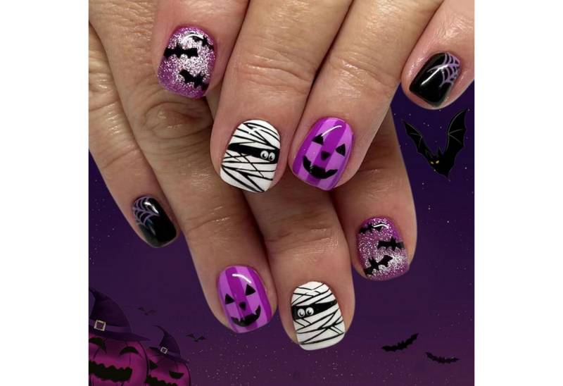 LuxusKollektion Kunstfingernägel Nägel 24 Halloween Kurz Eckig Lila Schwarz Glitzer Fledermaus kürbis von LuxusKollektion
