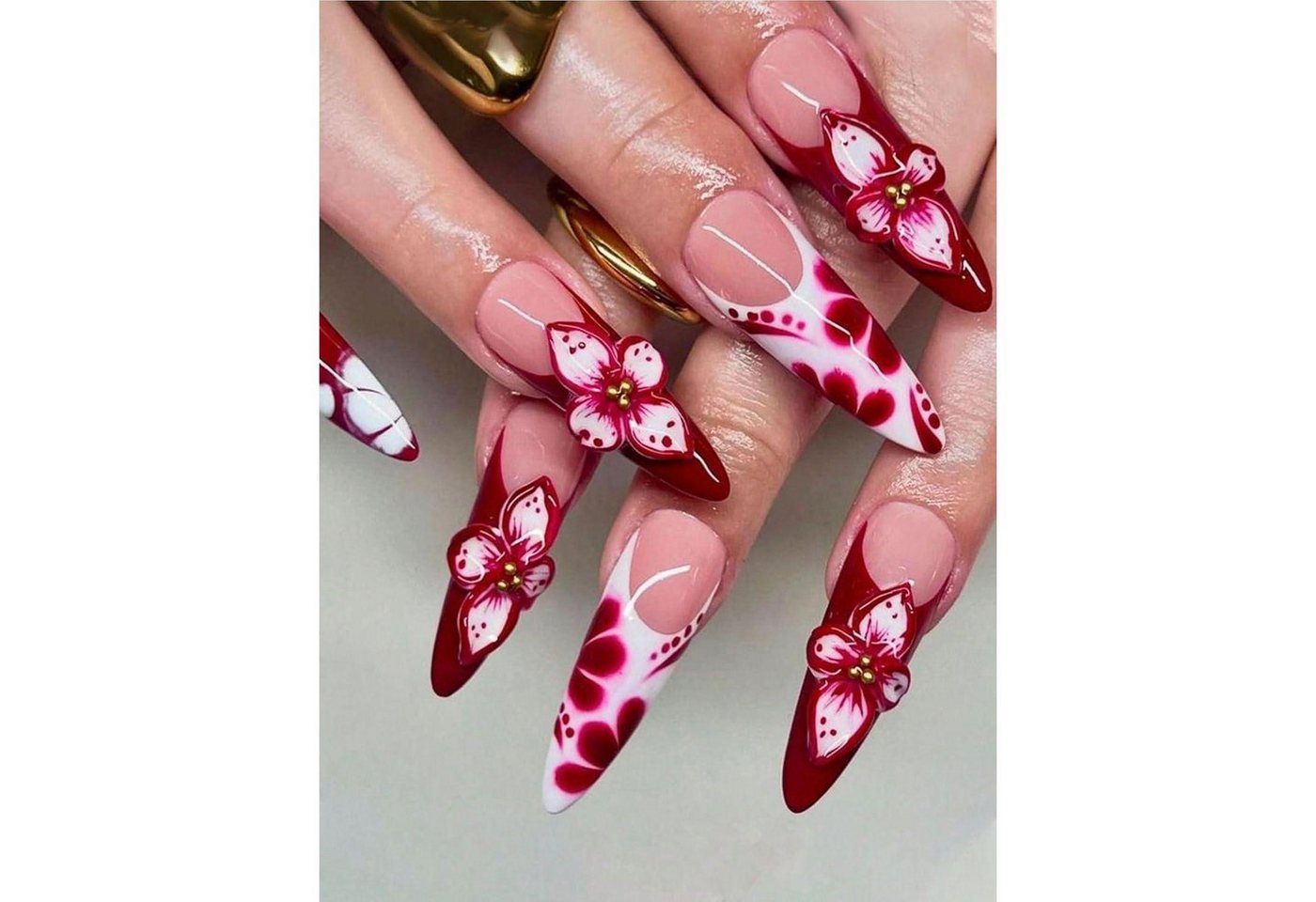 LuxusKollektion Kunstfingernägel Nägel zum Aufkleben kurz Mandel rosenrot French 3D Blumen mit Kleber von LuxusKollektion