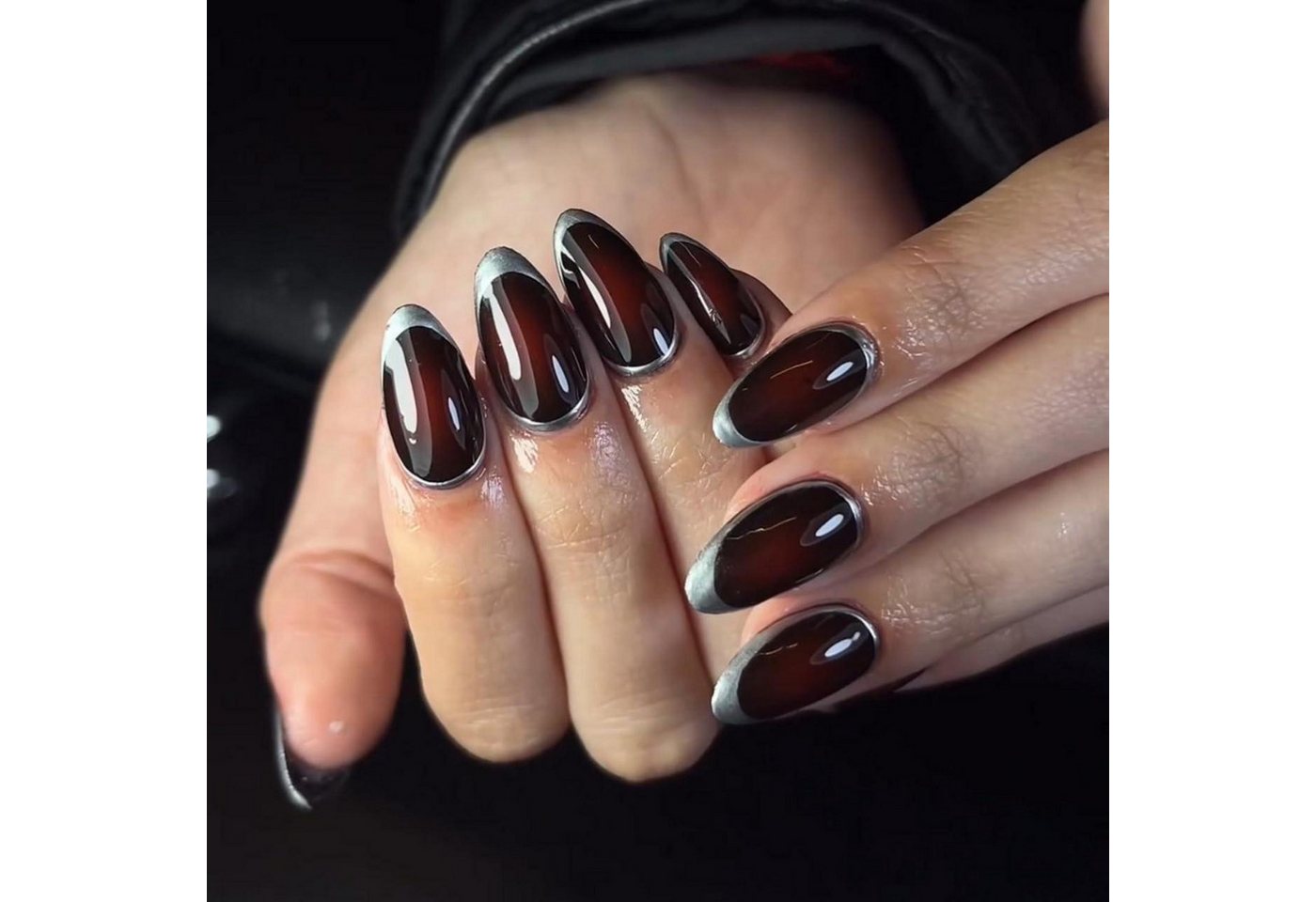 LuxusKollektion Kunstfingernägel Nagel Press on kurz Mandel French mit Kleber Bordeaux Silber von LuxusKollektion