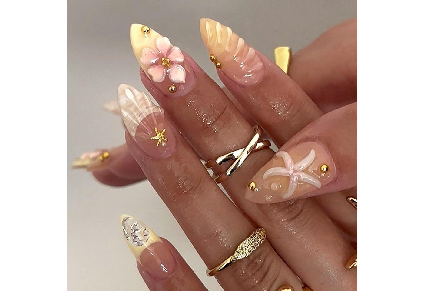 LuxusKollektion Kunstfingernägel Nageldesign 24 Stück Almond French Nägel zum Aufkleben 3D Blumen Acryl von LuxusKollektion