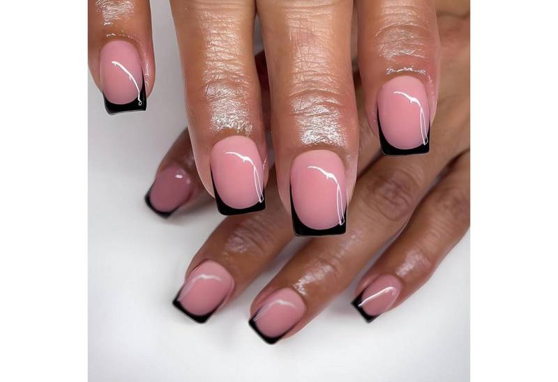 LuxusKollektion Kunstfingernägel Nagelset Press on kurz Square rosa Basis schwarze French mit Kleber von LuxusKollektion