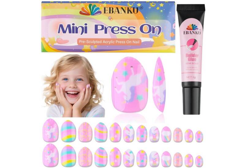 LuxusKollektion Kunstfingernägel Press On Nails 24 Stück Mandel Nagelkleber Kinder Rosa Pferd von LuxusKollektion