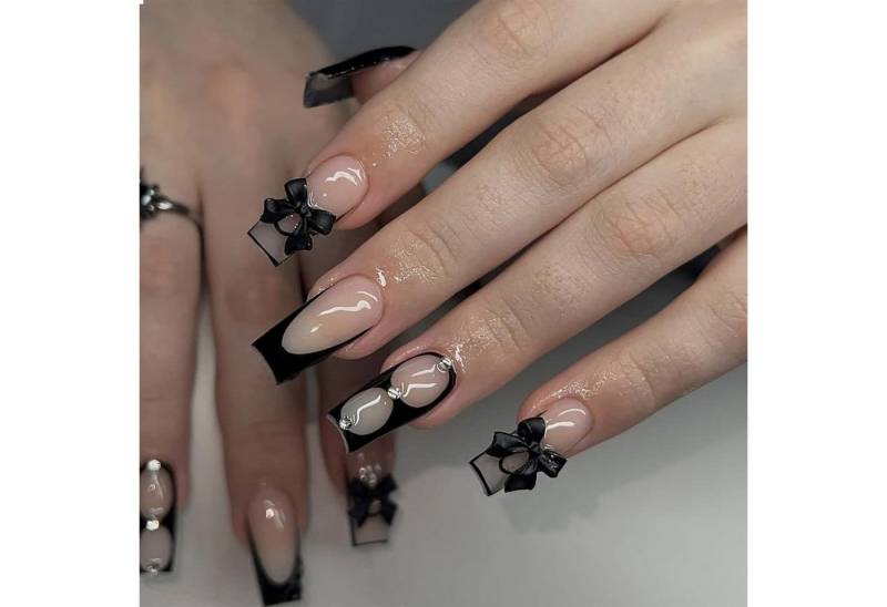 LuxusKollektion Kunstfingernägel Schwarze Schleifen Press on Nägel Glänzend Schwarz French Tip Sarg 24 von LuxusKollektion