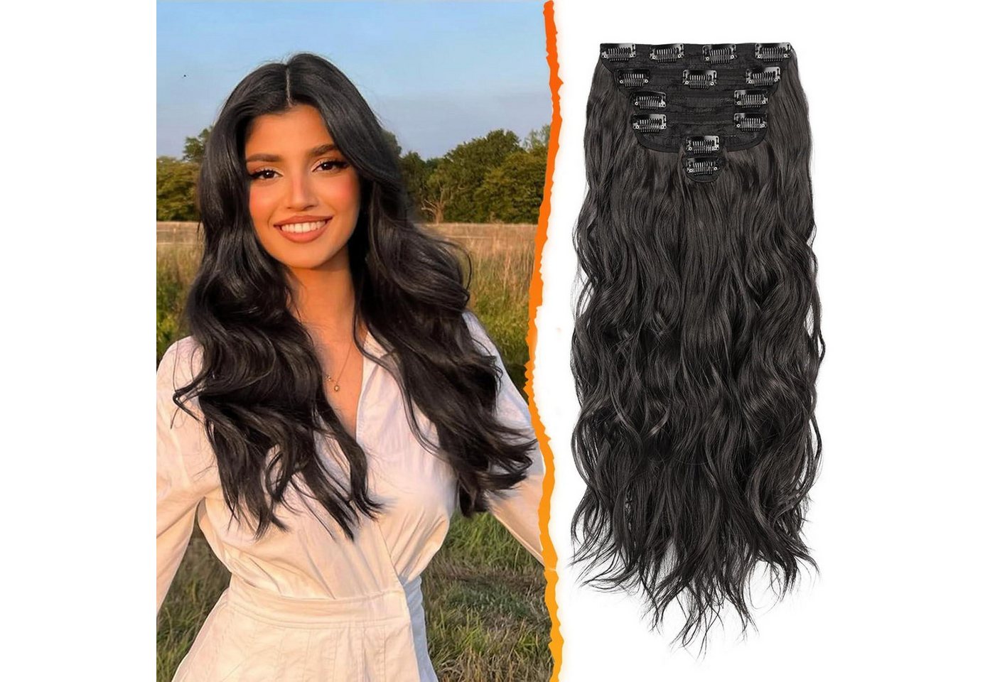 LuxusKollektion Kunsthaar-Extension Clip in Haarverlängerung 50CM Lang Wellig Schwarz Braun 6PCs Voller von LuxusKollektion