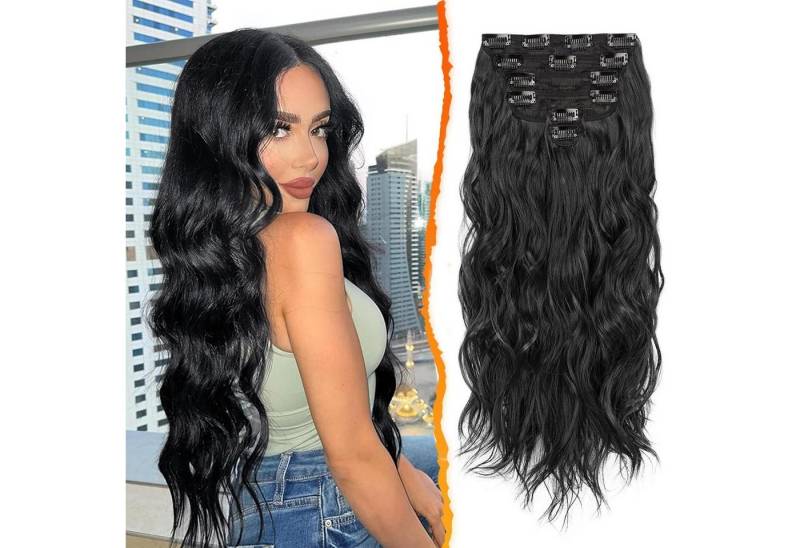 LuxusKollektion Kunsthaar-Extension Clip in Schwarz Haarverlängerung Damen 50CM Lang Wellig Haarextension von LuxusKollektion