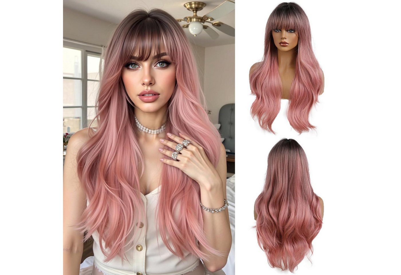 LuxusKollektion Kunsthaarperücke 24 Zoll Ombre Rosa Lange Gewellte Synthetische Perücke für Frauen von LuxusKollektion