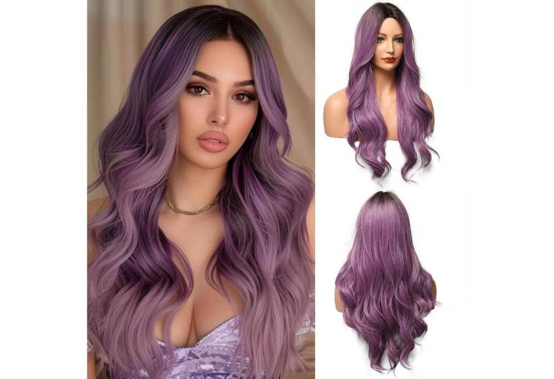 LuxusKollektion Kunsthaarperücke Lange Ombre Lila Perücke mit Pony Natürliches Synthetisches Haar von LuxusKollektion