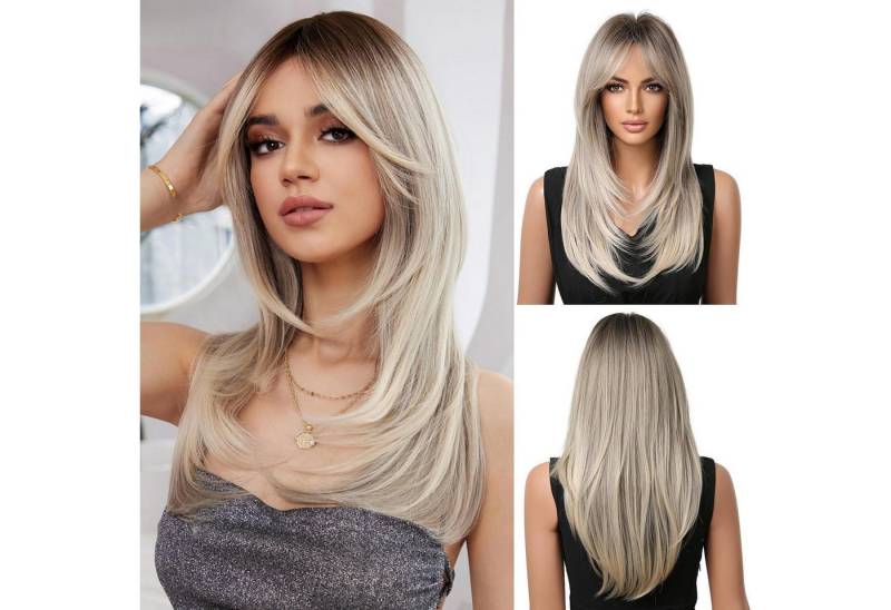 LuxusKollektion Kunsthaarperücke Ombre Aschblond Perücke mit Pony lange gerade geschichtete von LuxusKollektion