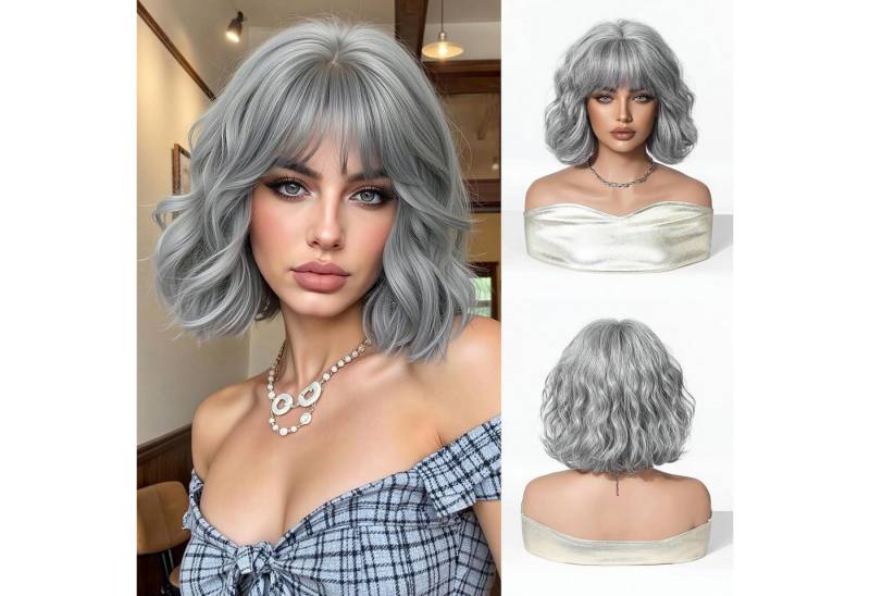 LuxusKollektion Kunsthaarperücke Perücke Bob Gewellt Pony Synthetisch Frauen Party Grauweiß (1238-8) von LuxusKollektion