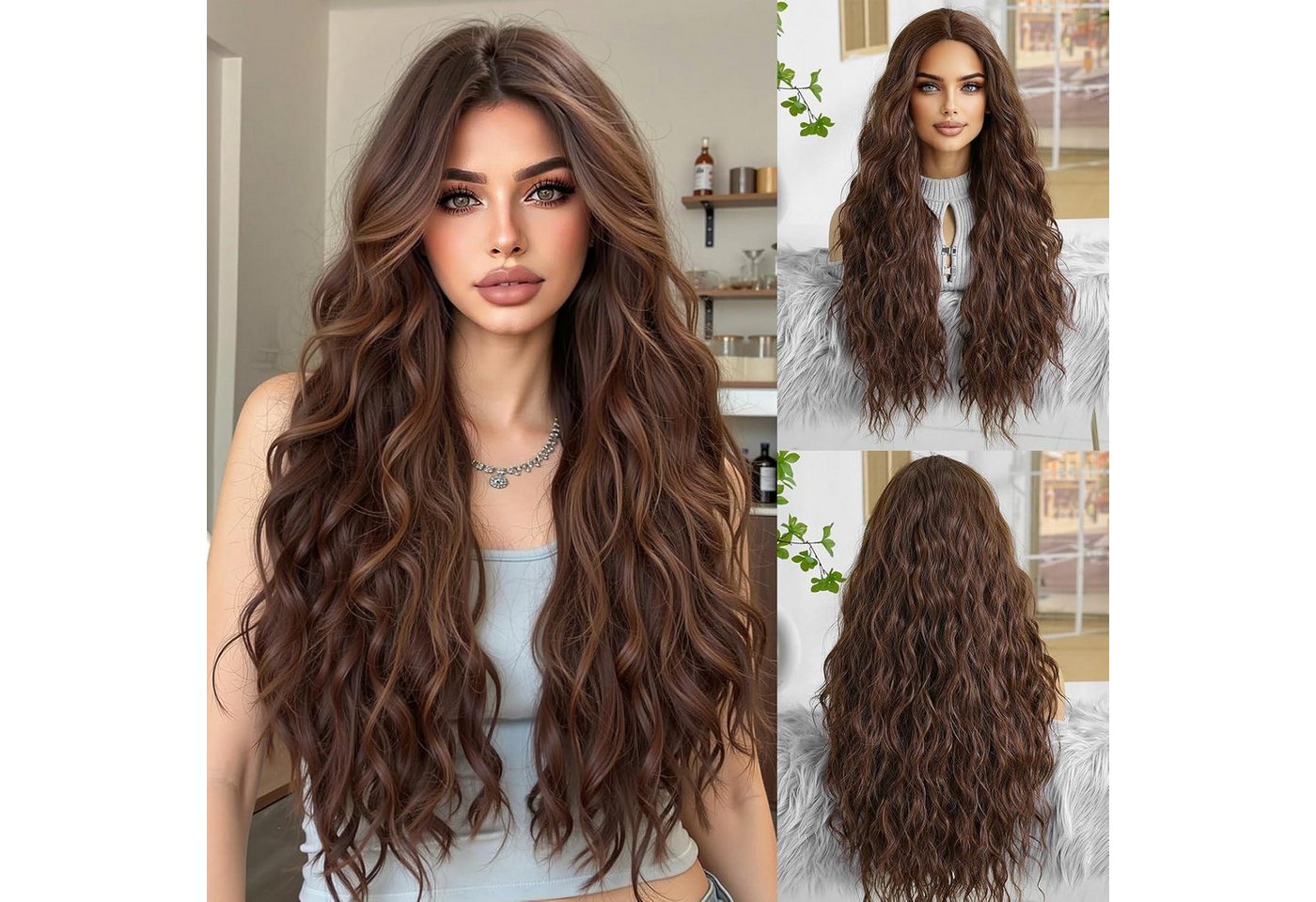 LuxusKollektion Kunsthaarperücke Perücke Braune Gewellt Pony Synthetisch Cosplay Party Braun(8273-6) von LuxusKollektion