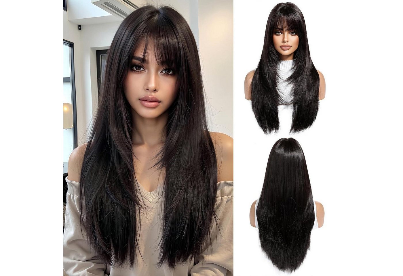 LuxusKollektion Kunsthaarperücke Perücke Frauen lang Pony gerade synthetisch Schwarzbraun(6355-3) von LuxusKollektion