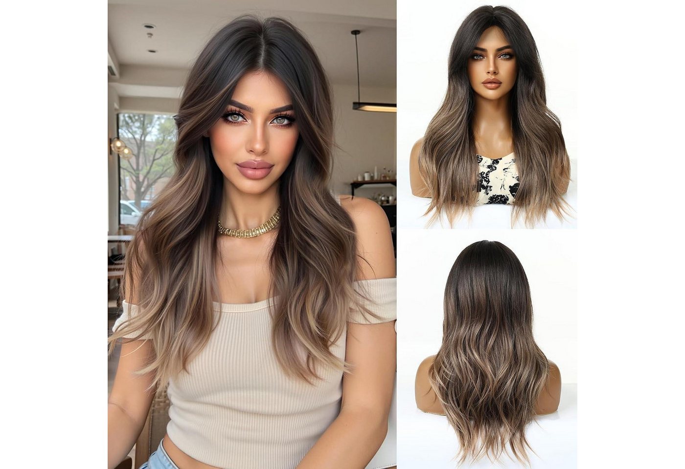 LuxusKollektion Kunsthaarperücke Perücke Frauen lockig synthetisch hitzebeständig Ombre Braun(8352-1) von LuxusKollektion