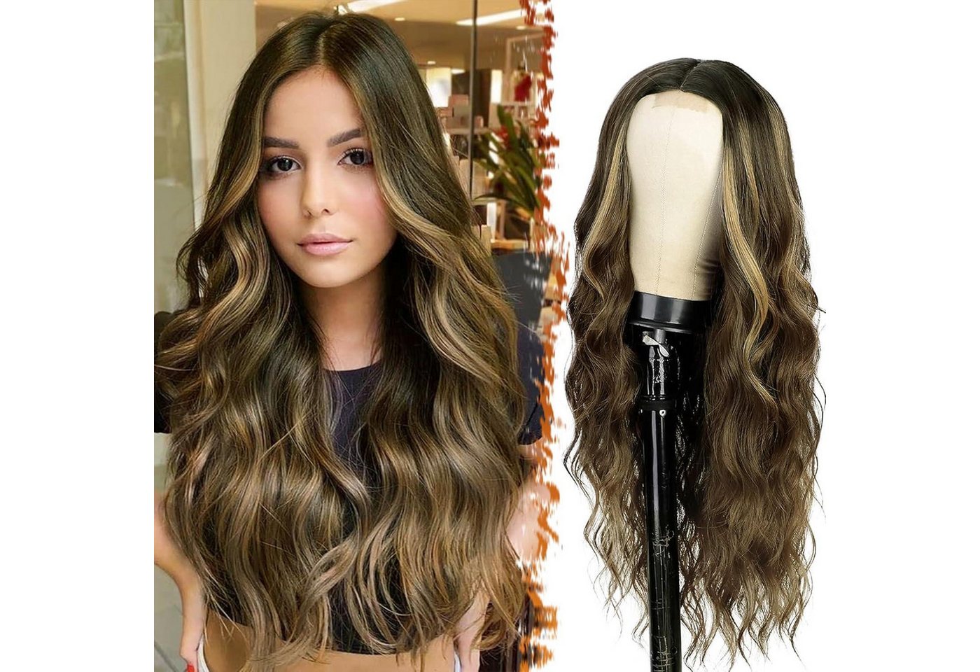 LuxusKollektion Kunsthaarperücke Perücke Lange Wellig Mittelscheitel Balayage 66cm Braun Gemischt Blond von LuxusKollektion