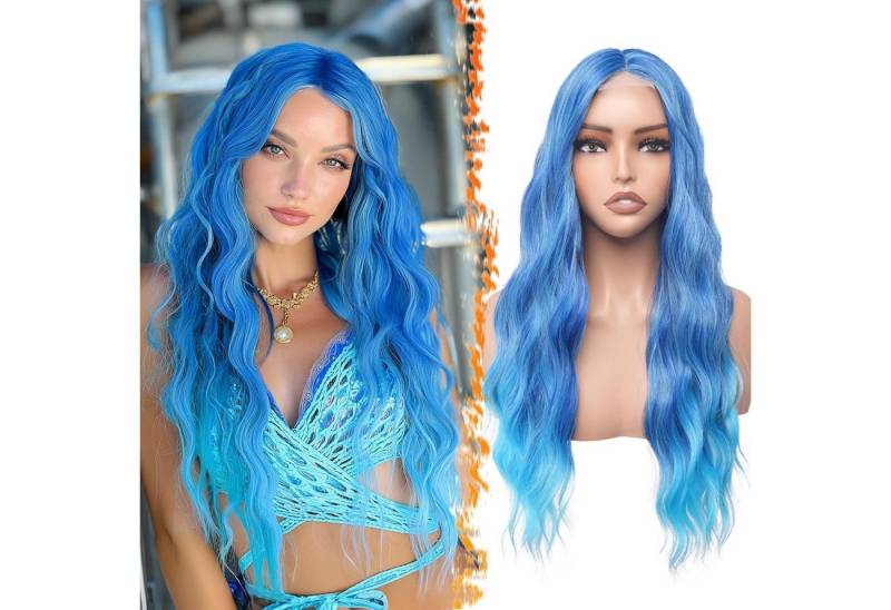 LuxusKollektion Kunsthaarperücke Perücke gewellt Mittelscheitel synthetisch Cosplay 71cm Blau Ombre von LuxusKollektion